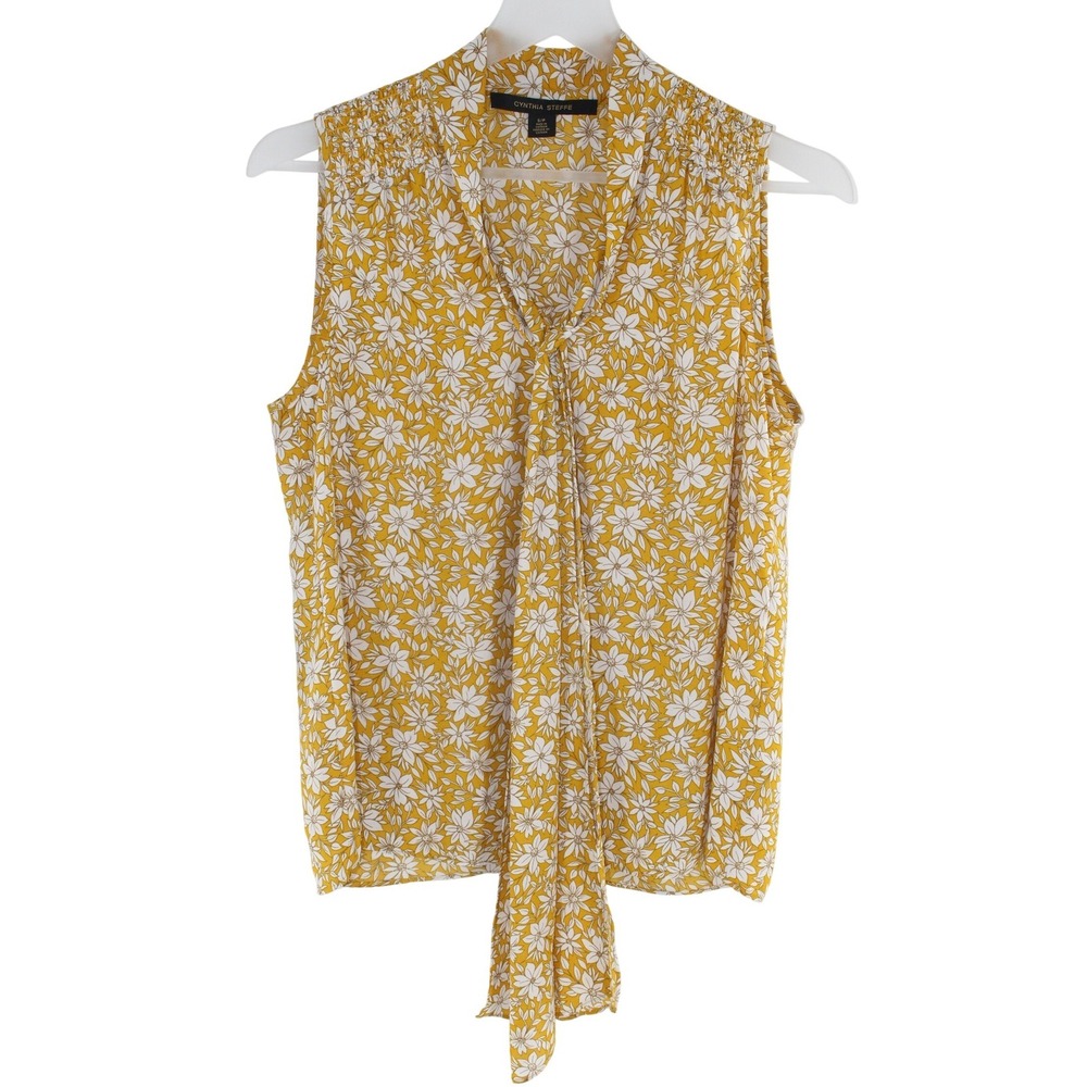 Cynthia Steffe Sleeveless Blouse Tie Neck Floral Print Small Yellow